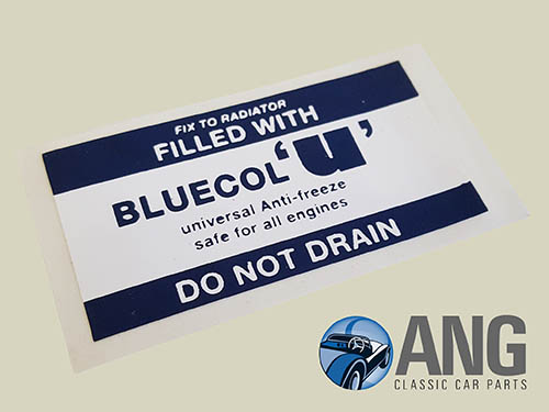 BLUECOL &#39;ANTI-FREEZE&#39; RADIATOR STICKER ; AUSTIN, MORRIS, MG 1100, 1300 ADO16