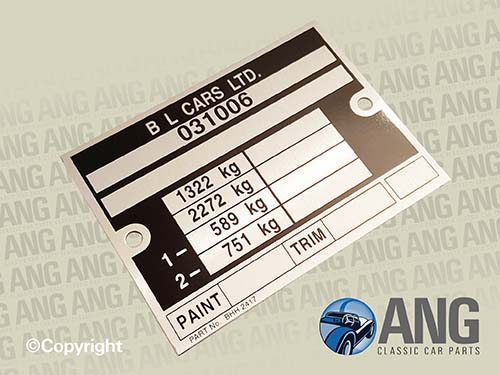 CHASSIS ID PLATE &#39;BL CARS LTD&#39; ; MGB, MGB-GT (1976-1980)